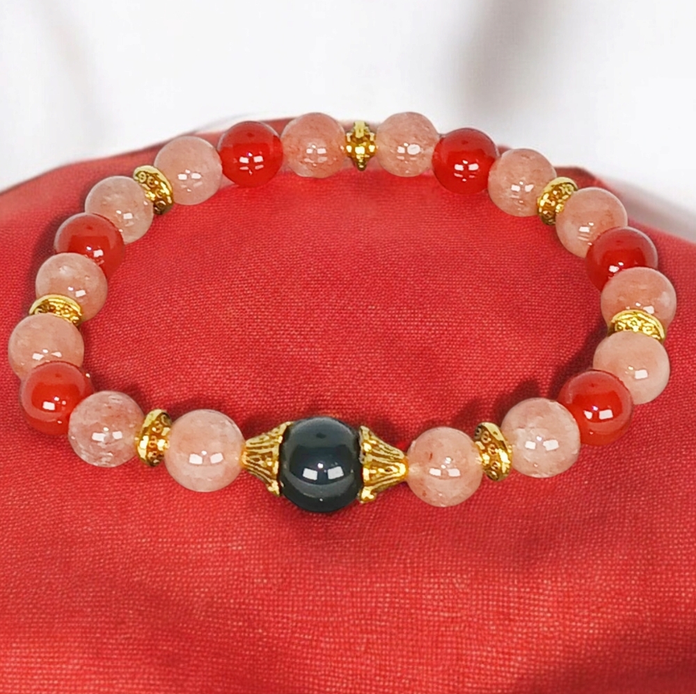 Black Onyx Sunstone & Red Agate Beaded Bracelet Southwestern Y2K Westerncore 00s